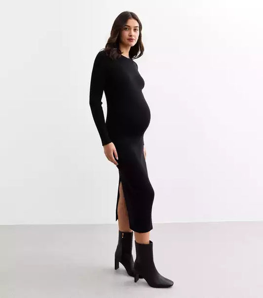 Maternity Black Hemline Slit Rib Knit Dress