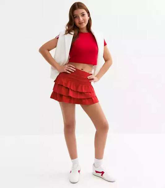 Girls Red Jersey Tiered Rara Skort