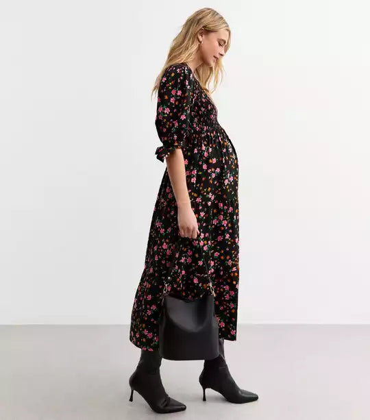 Maternity Black Tiered Ditsy Print Dress